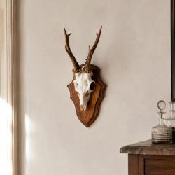 Ecusson chasse troph&eacute;e chevreuil ch&ecirc;ne fonc&eacute; cir&eacute; 24x16cm