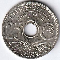 Monnaie France 25 centimes Lindauer Maillechort avec points avant et apr&egrave;s la date 1938