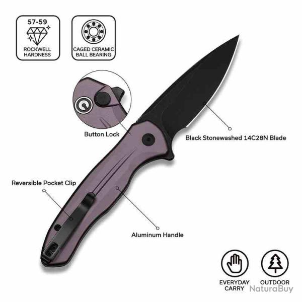 Couteau Civivi Kitefin Purple  Lame Acier 14C28N Black Manche Alu Button Lock CIVC240913