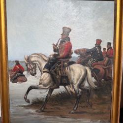 Tableau Huile sur toile et Encre de chine de hussards par Charles MERLETTE 1897