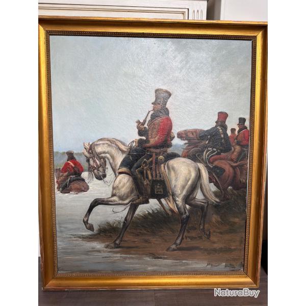 Tableau Huile sur toile et Encre de chine de hussards par Charles MERLETTE 1897