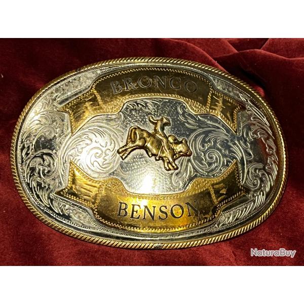 Magnifique grande boucle de rod�o bull rider ��Bronco Benson�� German silver