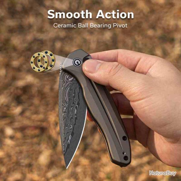 Couteau Civivi Kitefin Lame Acier Damas Manche Brownish Gray Alu Button Lock CIVC24091DS1