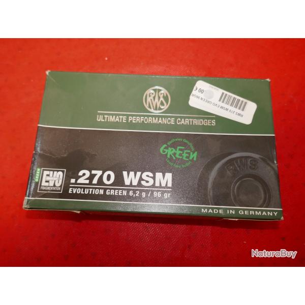Boite de 20 cartouches de 270 WSM RWS EVO GREEN 96 Grs/ 6.2G