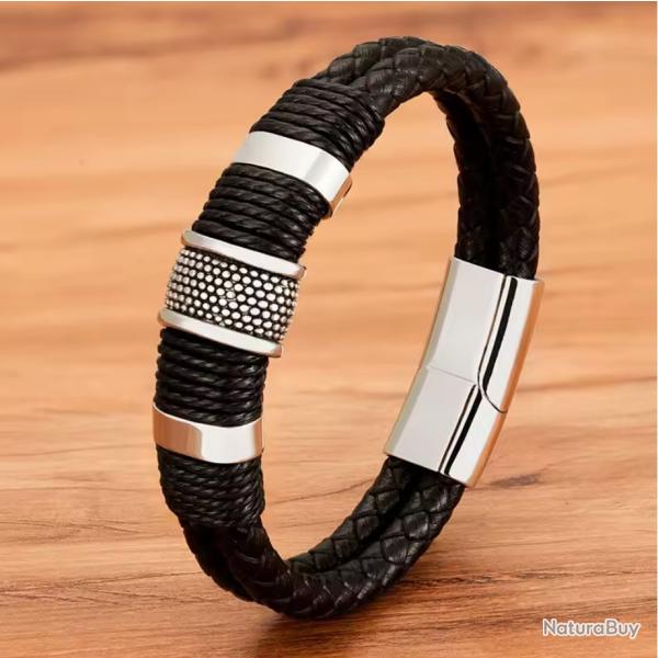 ENCHERE 1 EURO : BRACELET  cuir tiss� en acier inoxydable Taille au Choix