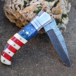 Couteau Damas Lame 128 couches Fa&ccedil;on Laguiole Abeille Manche Bois & Os Fabric Artisanale Cran Forc&eacute;