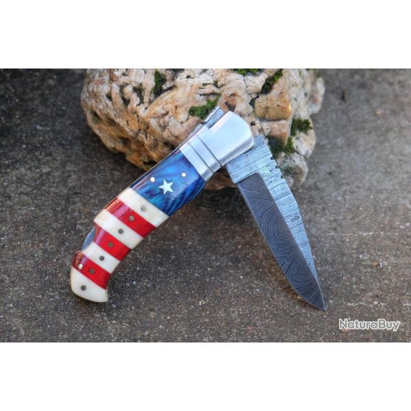 Couteau Damas Lame 128 couches Fa�on Laguiole Abeille Manche Bois & Os Fabric Artisanale Cran Forc�