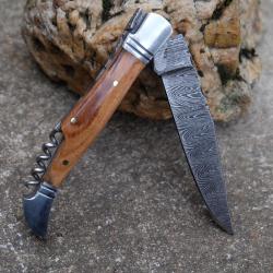 Couteau Damas Lame 128 Couches Fa&ccedil;on Laguiole Abeille Manche Bois Tire Bouchons Fabr Artisanale