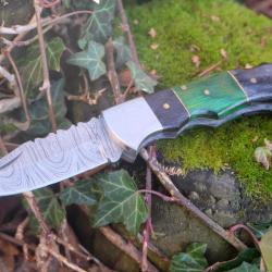 Couteau Lame Damas 128 Couches Manche 3 Bois Fa&ccedil;on Buck 112 Lockback Fabr Artisanale 001