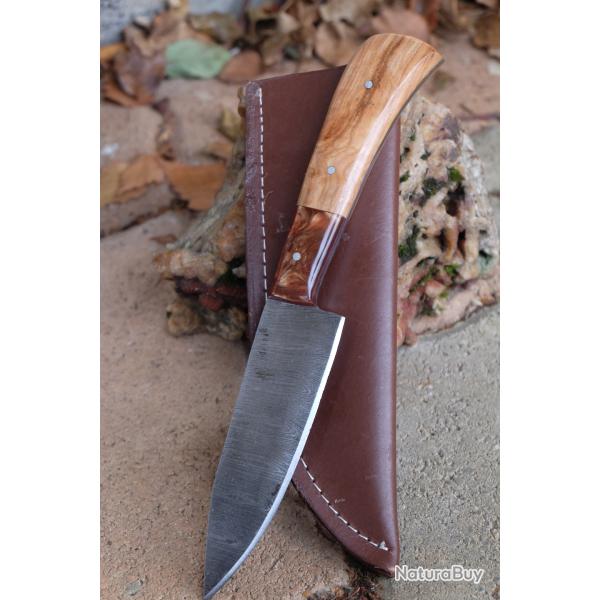 Skinner Couteau de Rando Cuisine Damas Lame 256 Couches Manche Bois/R�sine Fab Artisanale Etui CuirA