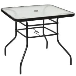 Table de jardin carr&eacute;e en verre tremp&eacute; 81 x 81 x 71 cm avec parasol pratique et design moderne en m
