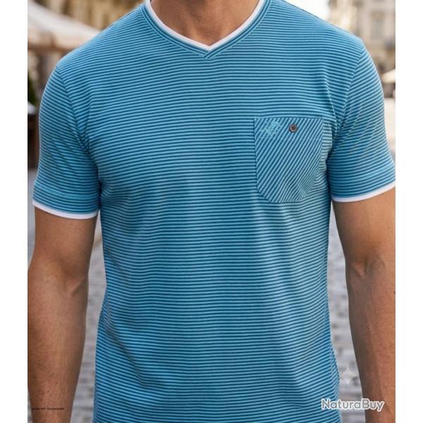 WINCHESTER SERPICO1 Tee shirt col V bleu l �l�gance d�contract�e en pur coton