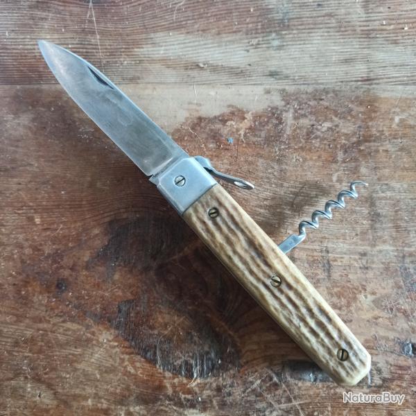 Gros couteau pliant imitation corne, grande lame, tire bouchon et fermeture a s�curit� une lame HS