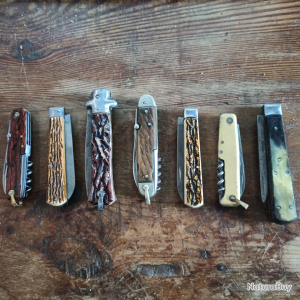 Lot de 7 couteaux pliants plastique imitation corne, multilames pour certains