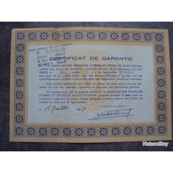 Certificat �preuve et garantie MANUFRANCE St-ETIENNE Perfex