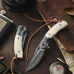 Couteau Trivisa Puppis Lame Acier Damas 67 Couches Manche Os & Acier Liner Lock Etui TVJS02WBDP