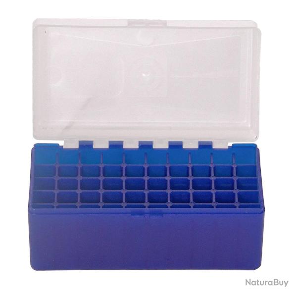 BOITE DE RANGEMENT BLEU COUVERCLE TRANSPARENT 50 MUNITIONS CAL 243