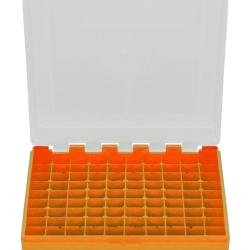 BOITE DE RANGEMENT ORANGE COUVERCLE TRANSPARENT 100 MUNITIONS CAL 9MM