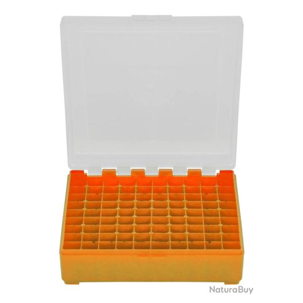 BOITE DE RANGEMENT ORANGE COUVERCLE TRANSPARENT 100 MUNITIONS CAL 9MM