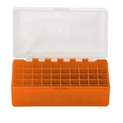 BOITE DE RANGEMENT ORANGE COUVERCLE TRANSPARENT 50 MUNITIONS CAL 223