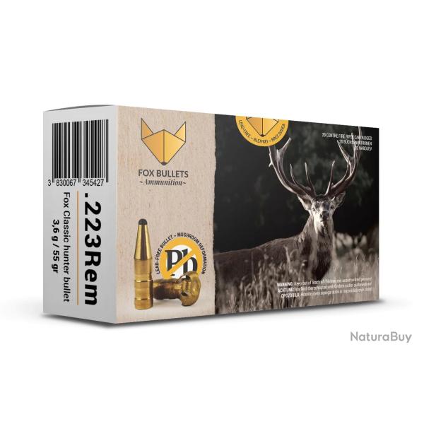CART SANS PLOMB FOX BULLETS 223REM FOX CLASSIC HUNTER 55 GR (PAR BOITE DE 20)