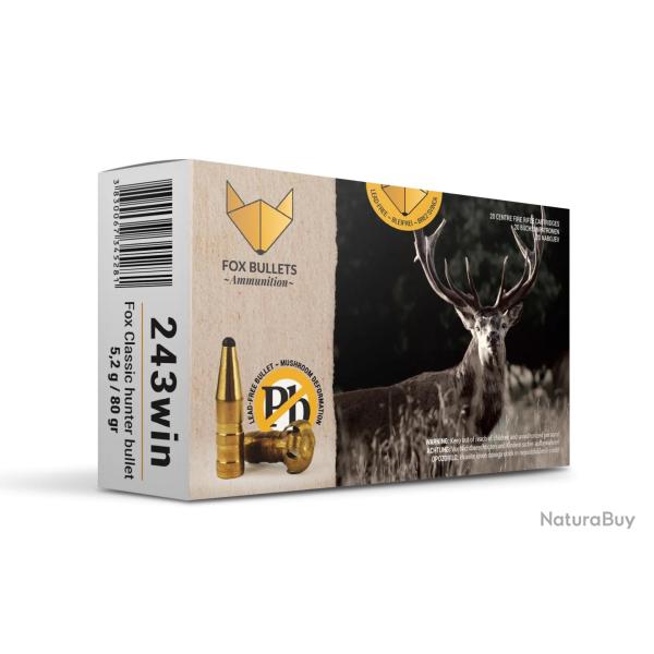 CART SANS PLOMB FOX BULLETS 243WIN FOX CLASSIC HUNTER 80 GR (PAR BOITE DE 20)