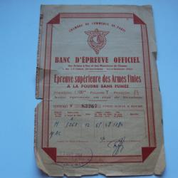 Certificat &eacute;preuve officiel fusil Mac de la chambre de commerce de Paries 1948