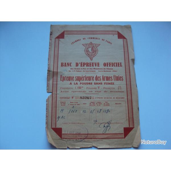 Certificat �preuve officiel fusil Mac de la chambre de commerce de Paries 1948