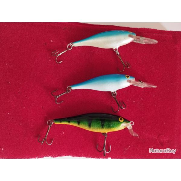 3 LEURRES RAPALA SHAD RAP 2X8CM 11GR COLORIS BLEU GRAND PLONGEANT 1X9CM 12GR PERCHE PEU PLONGEANT