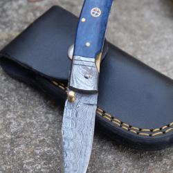 Beau Couteau Classic Damas Lame Drop Point 128 Couches Manche Os Etui Cuir Linerlock F Artisanale