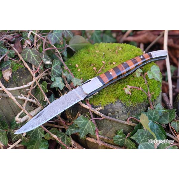 Couteau Damas Lame 128 couches Fa�on Laguiole Abeille Manche Bois Marqueterie Fabricat Artisanale