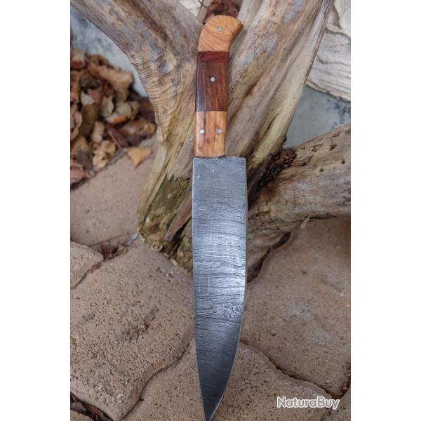 Couteau De Cuisine de Chef Lame Acier Damas 256 Couches 3 Manche Bois Fabrication Artisanale
