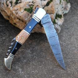 Couteau Damas Lame 128 Couches Fa&ccedil;on Laguiole Abeille Manche Bois/Corne Tire Bouchons Fab Artisanale