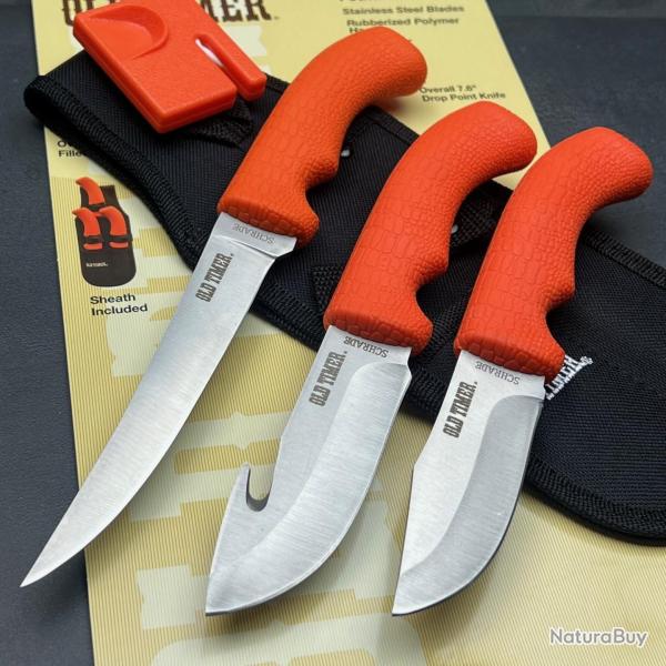 Set de 3 Couteaux Pack Chasse Old Timer Lame Acier Inox Manche Orange Polymer Affuteur Etui Nylon