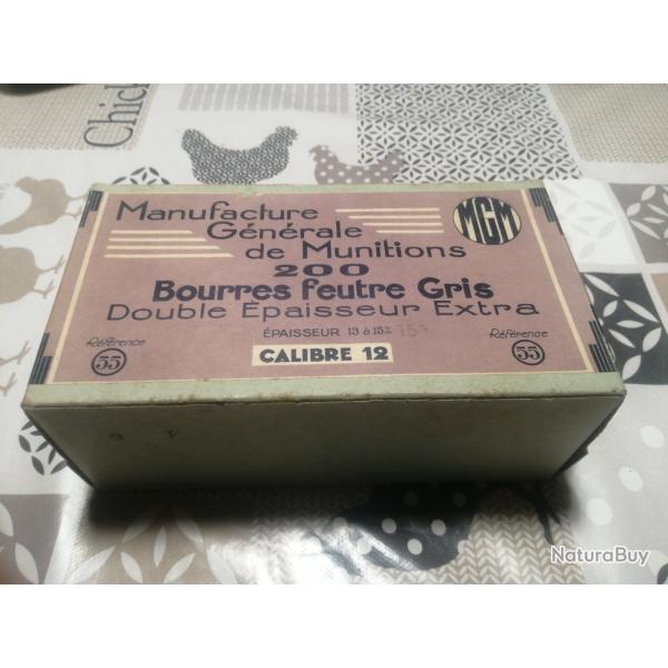 BO�TE DE 200 BOURRES FEUTRE GRIS DE CALIBRE 12 M.G.M DOUBLE �PAISSEUR EXTRA