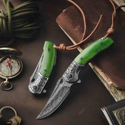 Couteau Trivisa Puppis Lame Acier Damas Manche Green Bone & Steel Bolster &Eacute;tui Cuir TVJS02GBDP