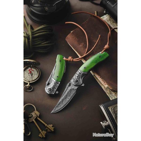 Couteau Trivisa Puppis Lame Acier Damas Manche Green Bone & Steel Bolster �tui Cuir TVJS02GBDP