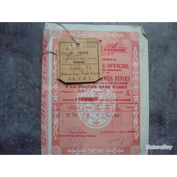 Certificat �preuve et garantie MANUFRANCE St-ETIENNE  FUSIL Gefar 1951