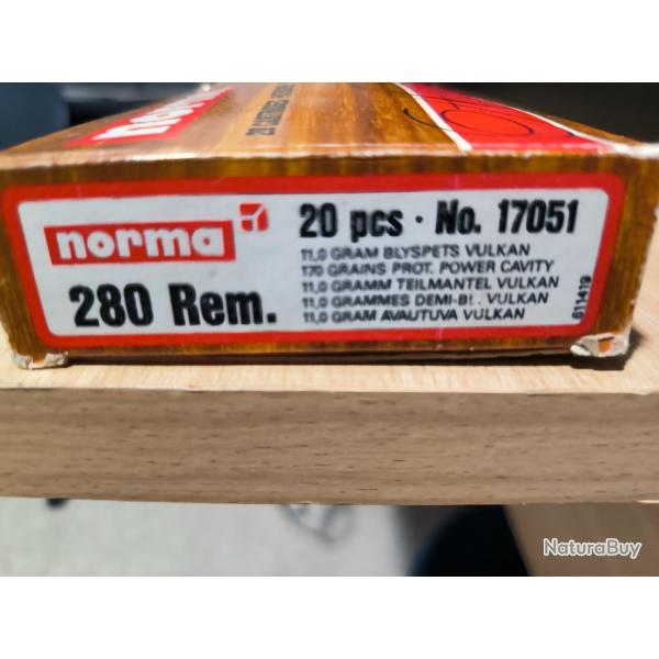 20 Cartouches NORMA 280 REMINGTON 170 GR ogives vulkan 11 grammes demi-bt