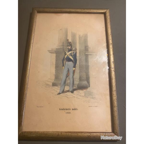 Une ancienne gravure en couleur Gendarme Mobile 1849  ( ma r�f : 677 �� )