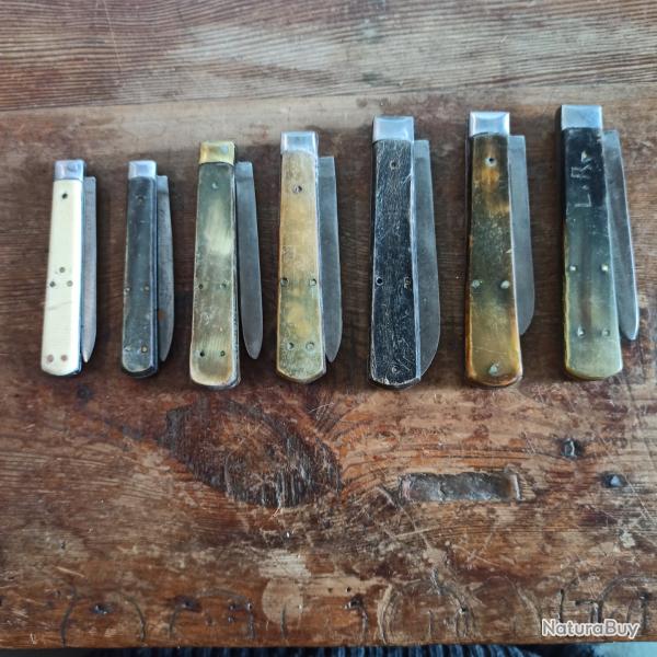 Lot de 7 couteaux pliants monolame - plaquettes en corne lames PRADEL  pour certains