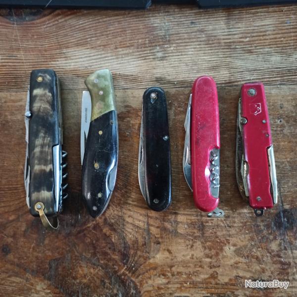 Lot de 5 couteaux pliants multilames pour 3 dont un avec 8 lames marquages PRADEL et STAINLESS STEEL