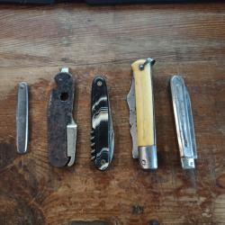 Lot de 5 couteaux pliants dont 1 multilames 1 plaquettes en os, 3 en acier, 1 en plastique