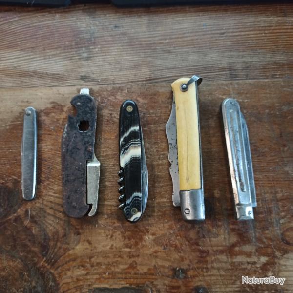 Lot de 5 couteaux pliants dont 1 multilames 1 plaquettes en os, 3 en acier, 1 en plastique