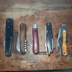 Lot de 5 couteaux pliants 1 grand monolame us&eacute;e, autres multilames - PRADEL et AT