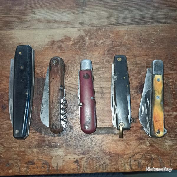 Lot de 5 couteaux pliants 1 grand monolame us�e, autres multilames - PRADEL et AT