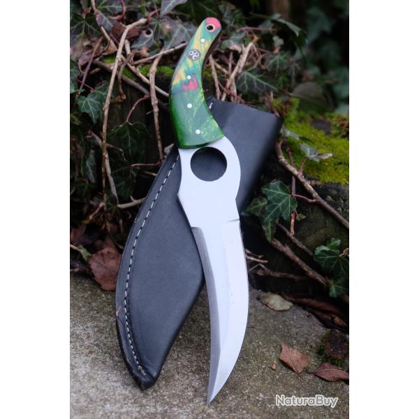 Couteau De Cuisine & Rando Lame Acier Carbone 1055 Fa�on Huusk Etui Cuir Manche CocoBolo F Artisanat