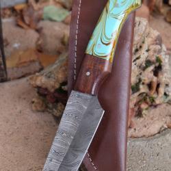 Skinner Couteau de Rando Cuisine Damas Lame 256 Couches Manche Bois/R&eacute;sine Fab Artisanale Etui CuirB