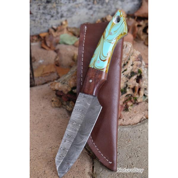 Skinner Couteau de Rando Cuisine Damas Lame 256 Couches Manche Bois/R�sine Fab Artisanale Etui CuirB