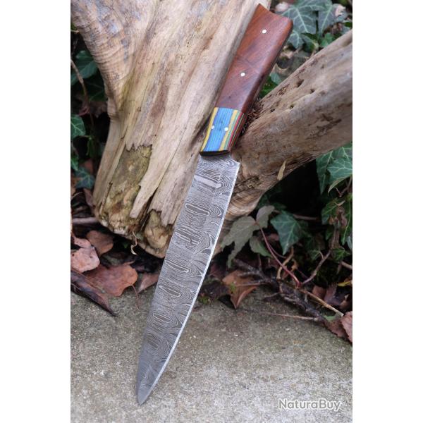 Couteau De Cuisine de Chef Lame Acier Damas 256 Couches 2 Manche Bois Fabrication Artisanale